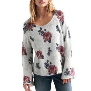 Lucky brand wool blend floral bell sleeve pullover heavy sweater womens large‎